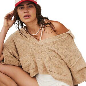 Free People Beige Cropped Off-Shoulder Knit Sweater